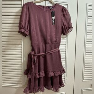 Trixxi Juniors' Tie-Waist Tiered-Skirt Sheer-Sleeve Dress